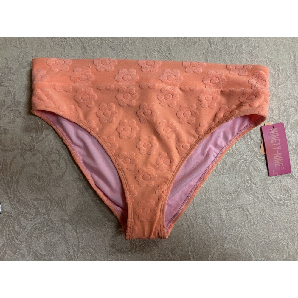 Ninety-Nine Swimsuit Bikini Bottom Neon Orange Daisy Flower Hippy Women's L